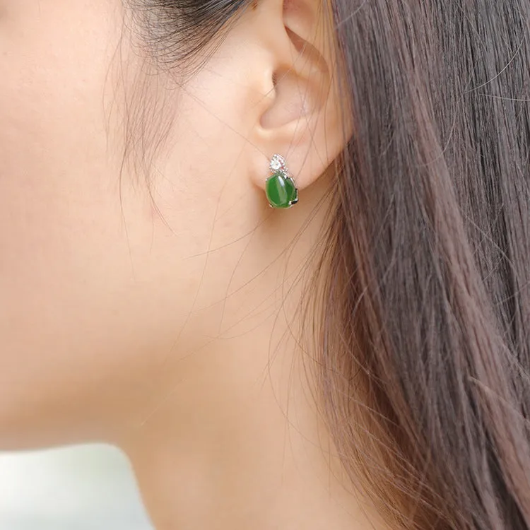 Natural Jade Earrings Nephrite Silver Zircon Earrings ZEG510