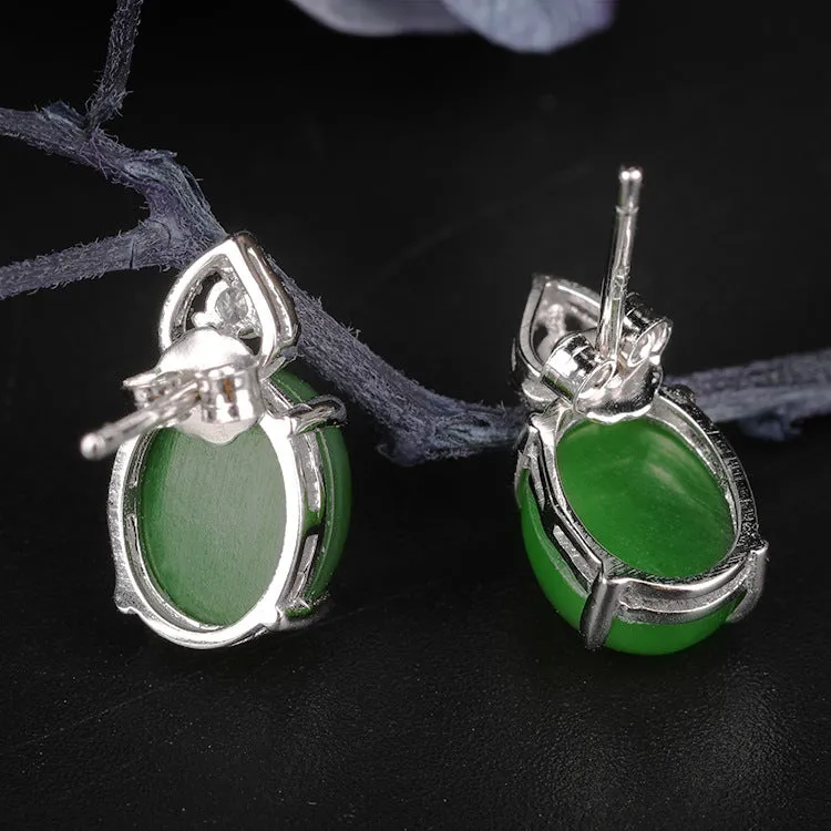 Natural Jade Earrings Nephrite Silver Zircon Earrings ZEG510