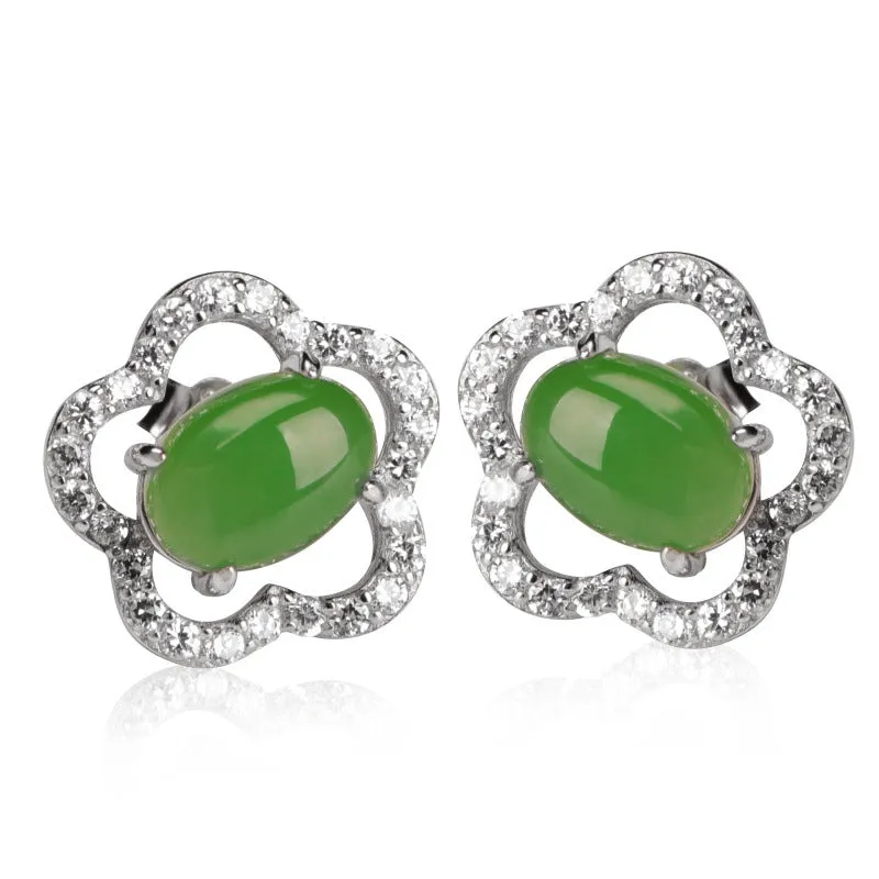 Natural Jade Earrings Nephrite Silver Zircon Earrings ZEG529