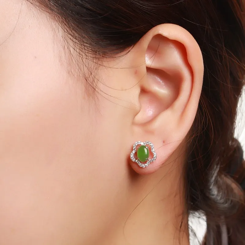 Natural Jade Earrings Nephrite Silver Zircon Earrings ZEG529
