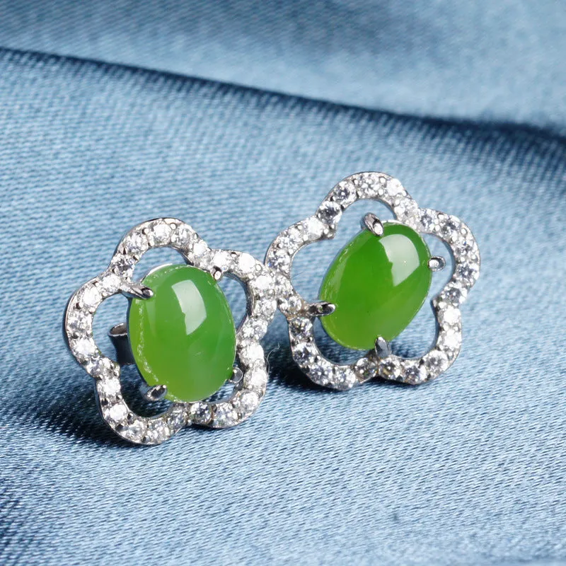 Natural Jade Earrings Nephrite Silver Zircon Earrings ZEG529