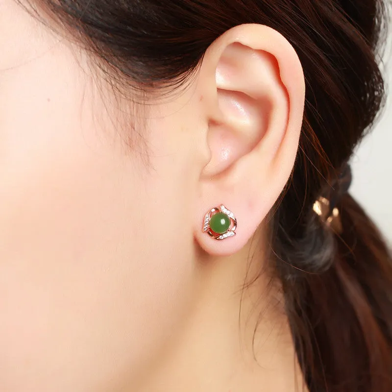 Natural Jade Earrings Nephrite Silver Zircon Earrings ZEG530