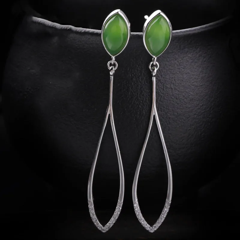 Natural Jade Earrings Nephrite Silver Zircon Earrings ZEG537