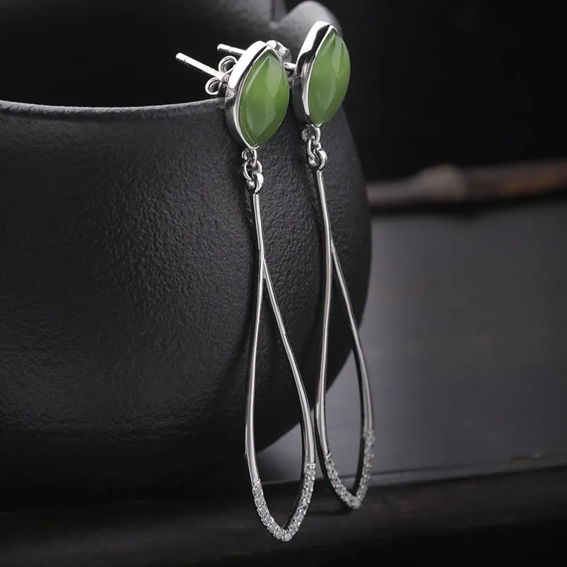 Natural Jade Earrings Nephrite Silver Zircon Earrings ZEG537