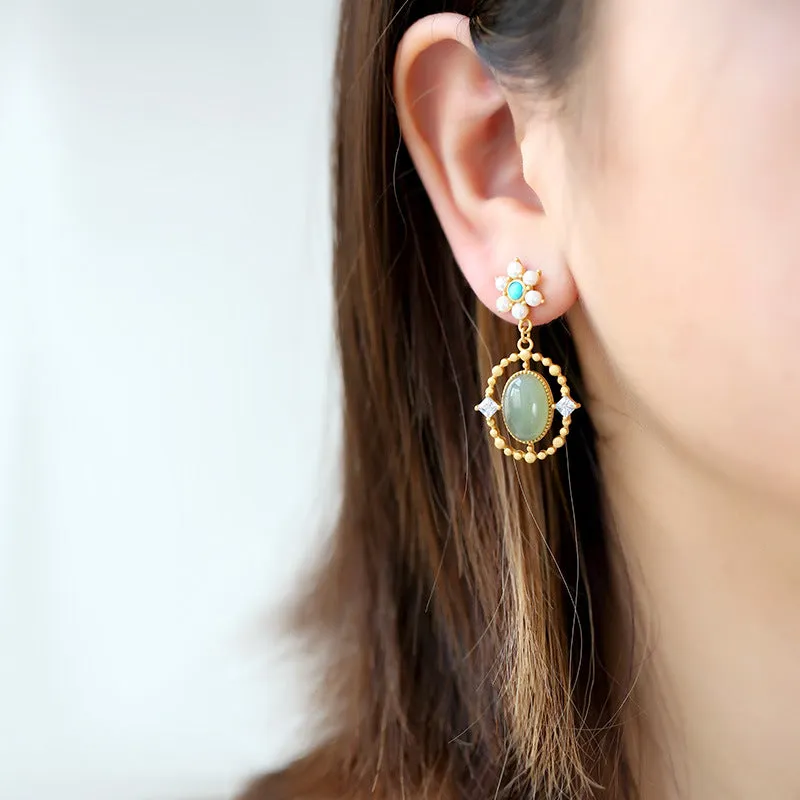 Natural Jade Earrings Nephrite Turquoise Pear Silver Earrings ZNE219