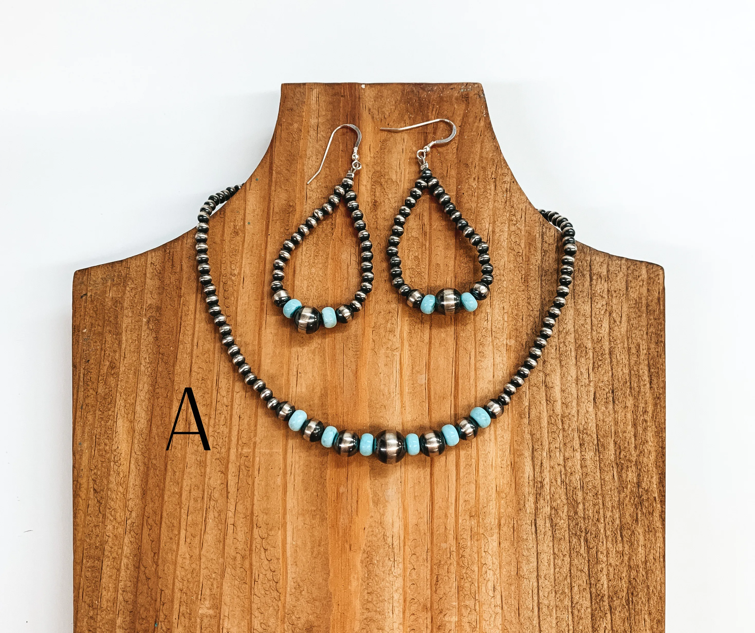 Navajo |  Navajo Handmade Sterling Silver Navajo Pearl Necklace  with Turquoise Beads   Matching Earrings