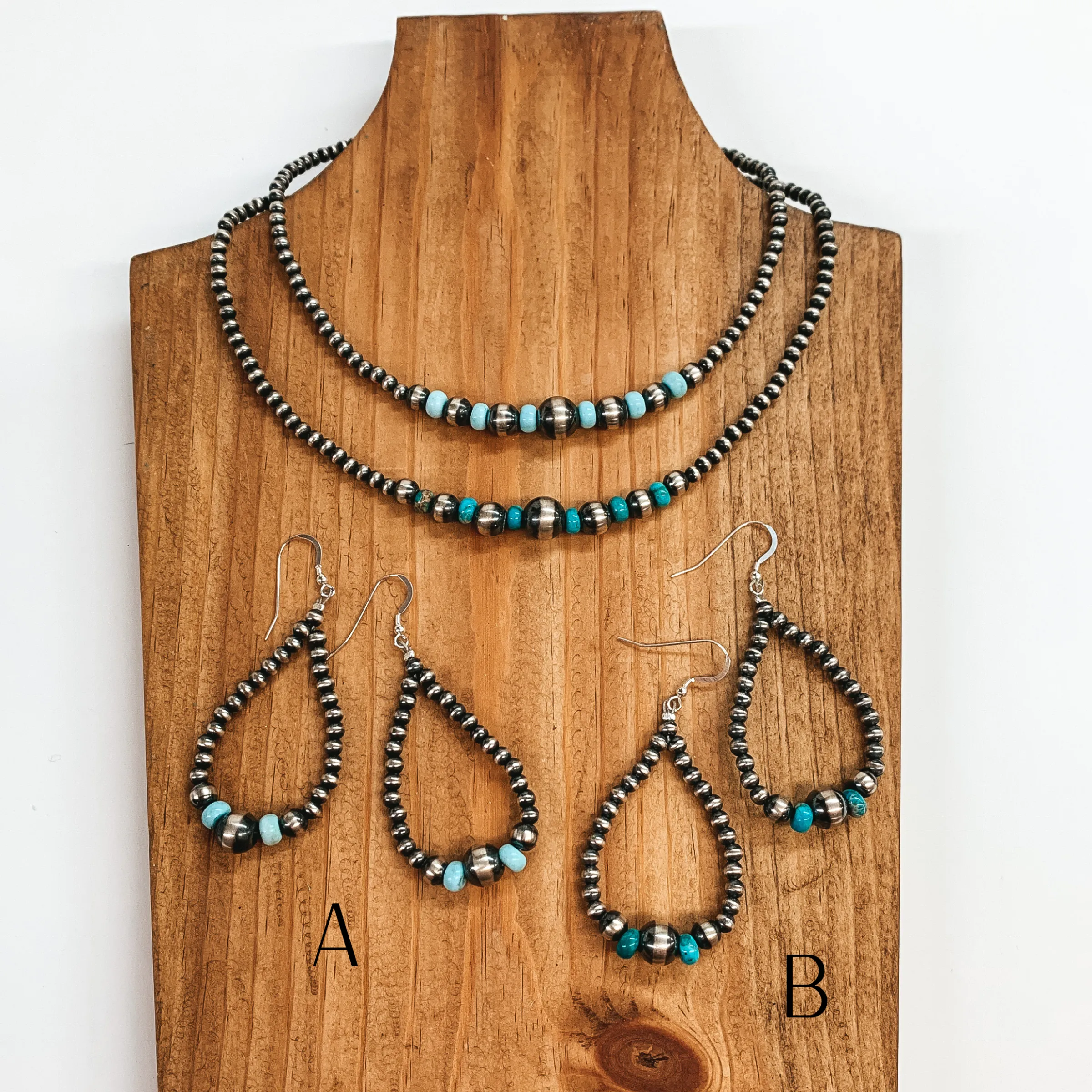 Navajo |  Navajo Handmade Sterling Silver Navajo Pearl Necklace  with Turquoise Beads   Matching Earrings