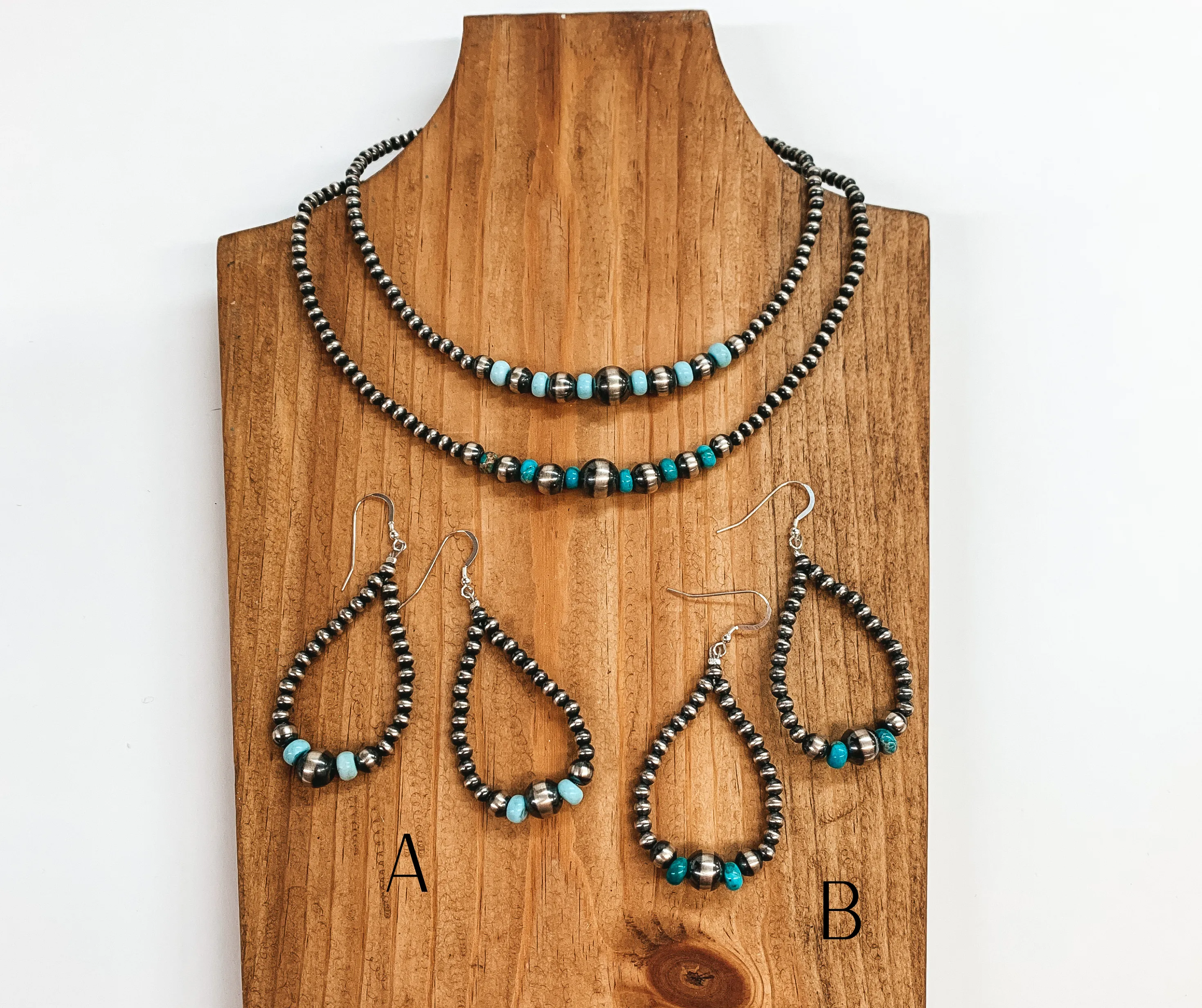 Navajo |  Navajo Handmade Sterling Silver Navajo Pearl Necklace  with Turquoise Beads   Matching Earrings