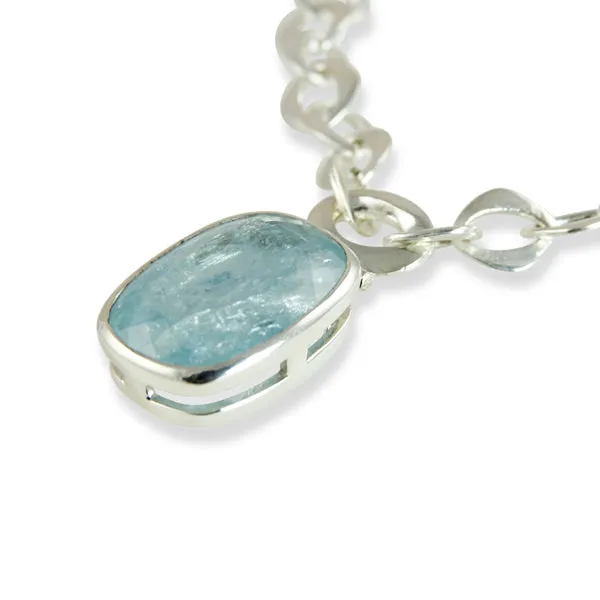 Necklace - Pendant & Handmade Link Chain Aquamarine Sterling Silver