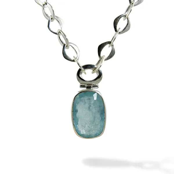 Necklace - Pendant & Handmade Link Chain Aquamarine Sterling Silver