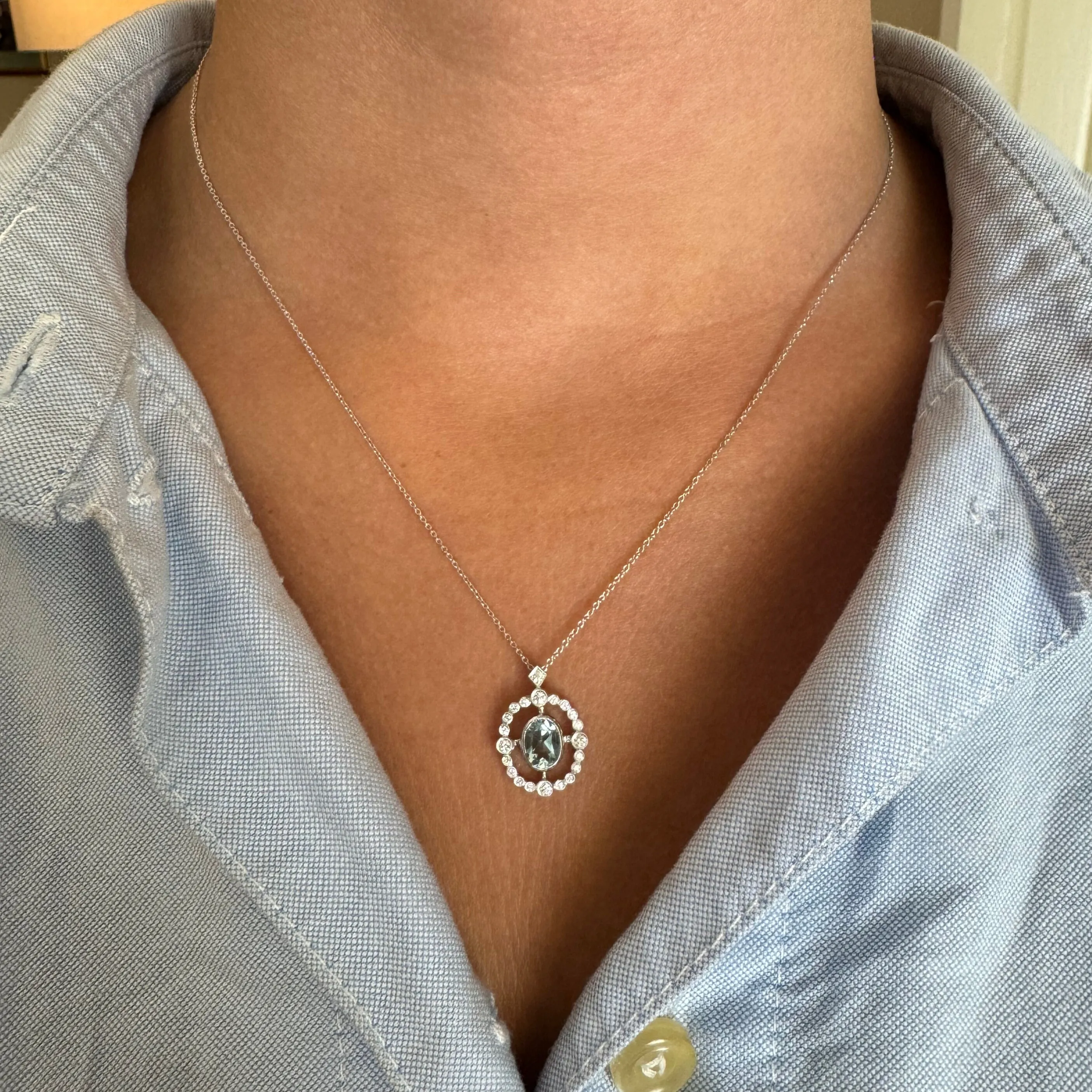 Oval Aquamarine & Diamond 14K White Gold Pendant Necklace