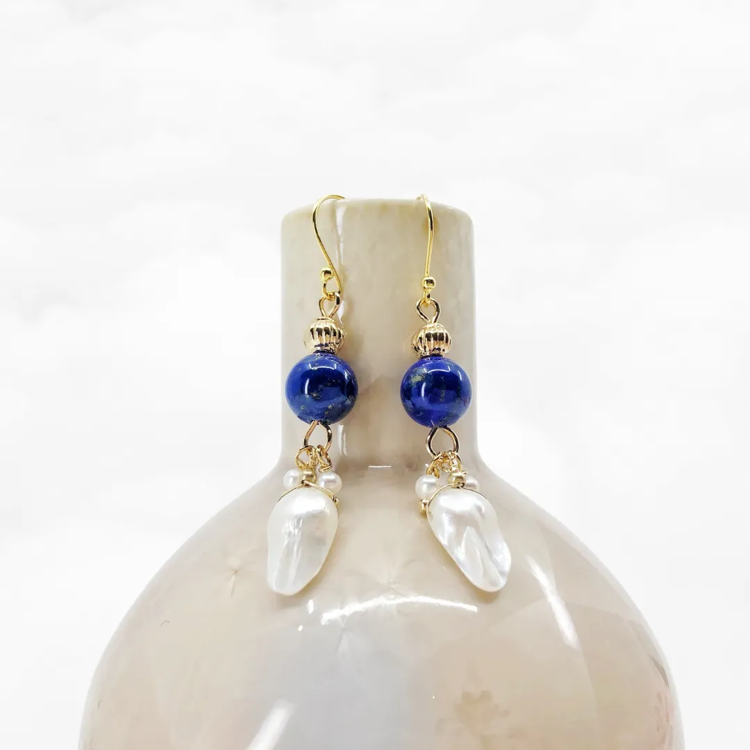 Pearl Feather Lapis Earrings