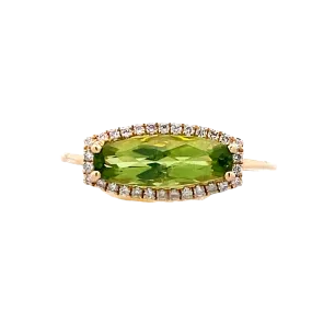 Peridot Cushion Shaped & Diamond Ring 14 Karat Yellow Gold