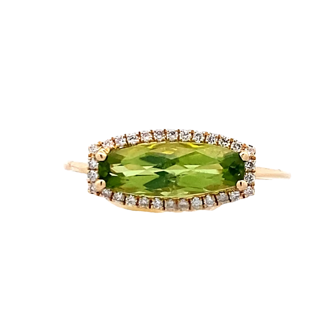 Peridot Cushion Shaped & Diamond Ring 14 Karat Yellow Gold
