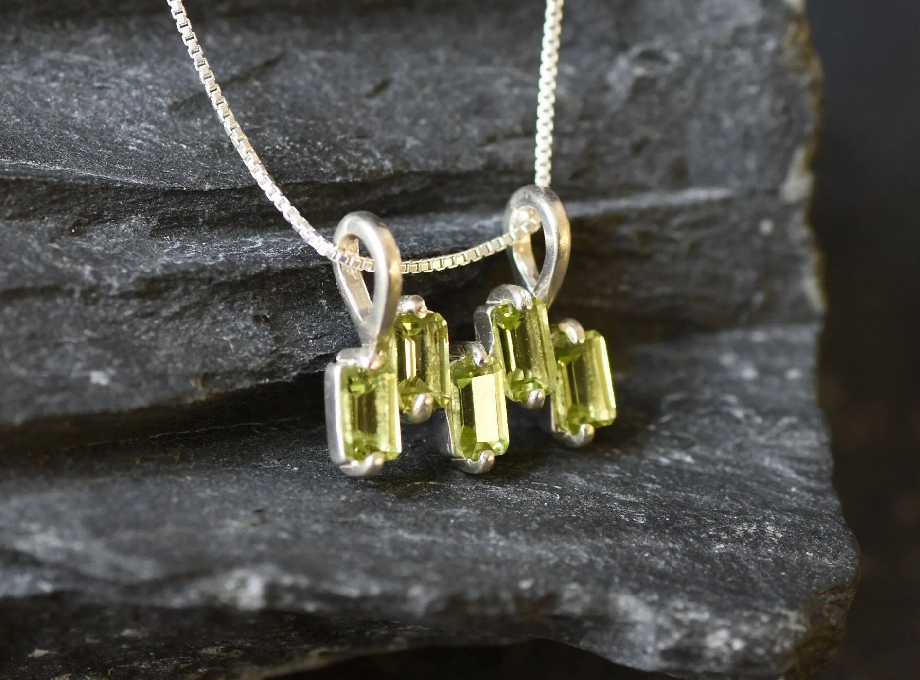 Peridot Necklace - Green Baguette Pendant - August Birthstone Necklace
