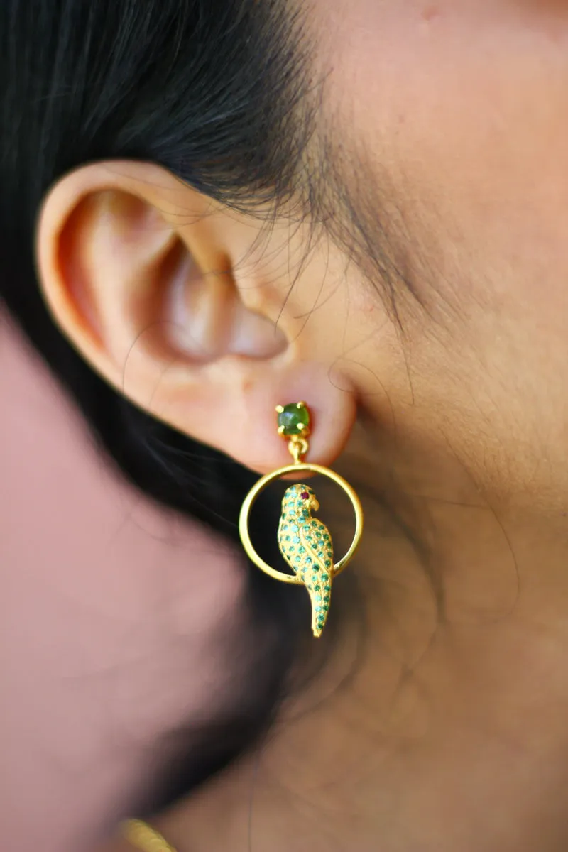 Peridot Studded Parrot Seated In A Swing Stud Earrings (Gold-plated)
