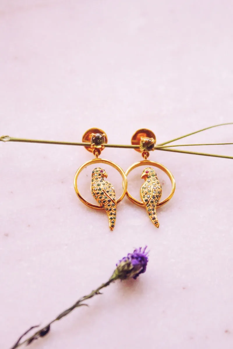 Peridot Studded Parrot Seated In A Swing Stud Earrings (Gold-plated)