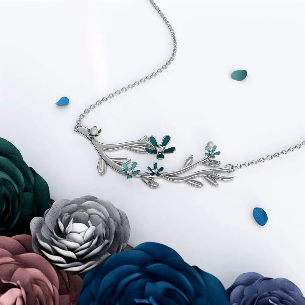Petalia Turquoise Blue Necklace Featured SWAROVSKI Crystals in White Gold