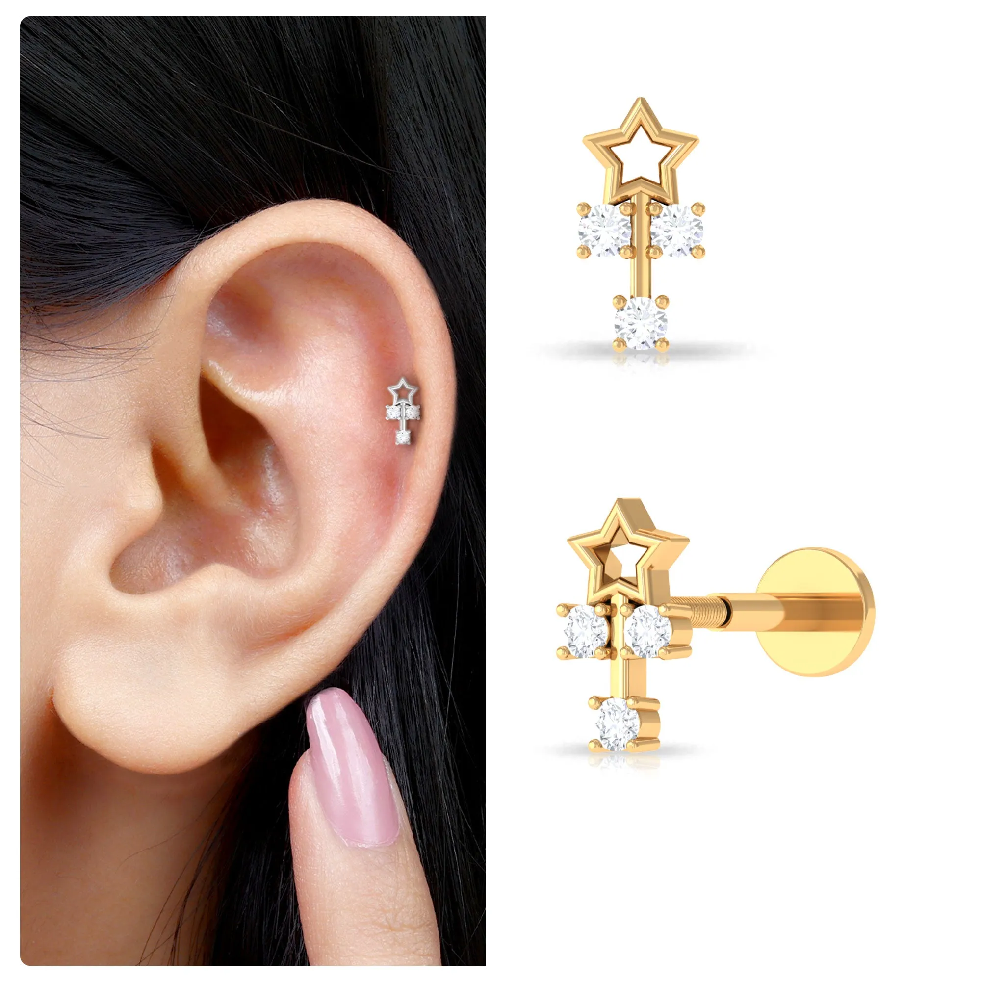 Real Round Diamond Star Tragus Earring