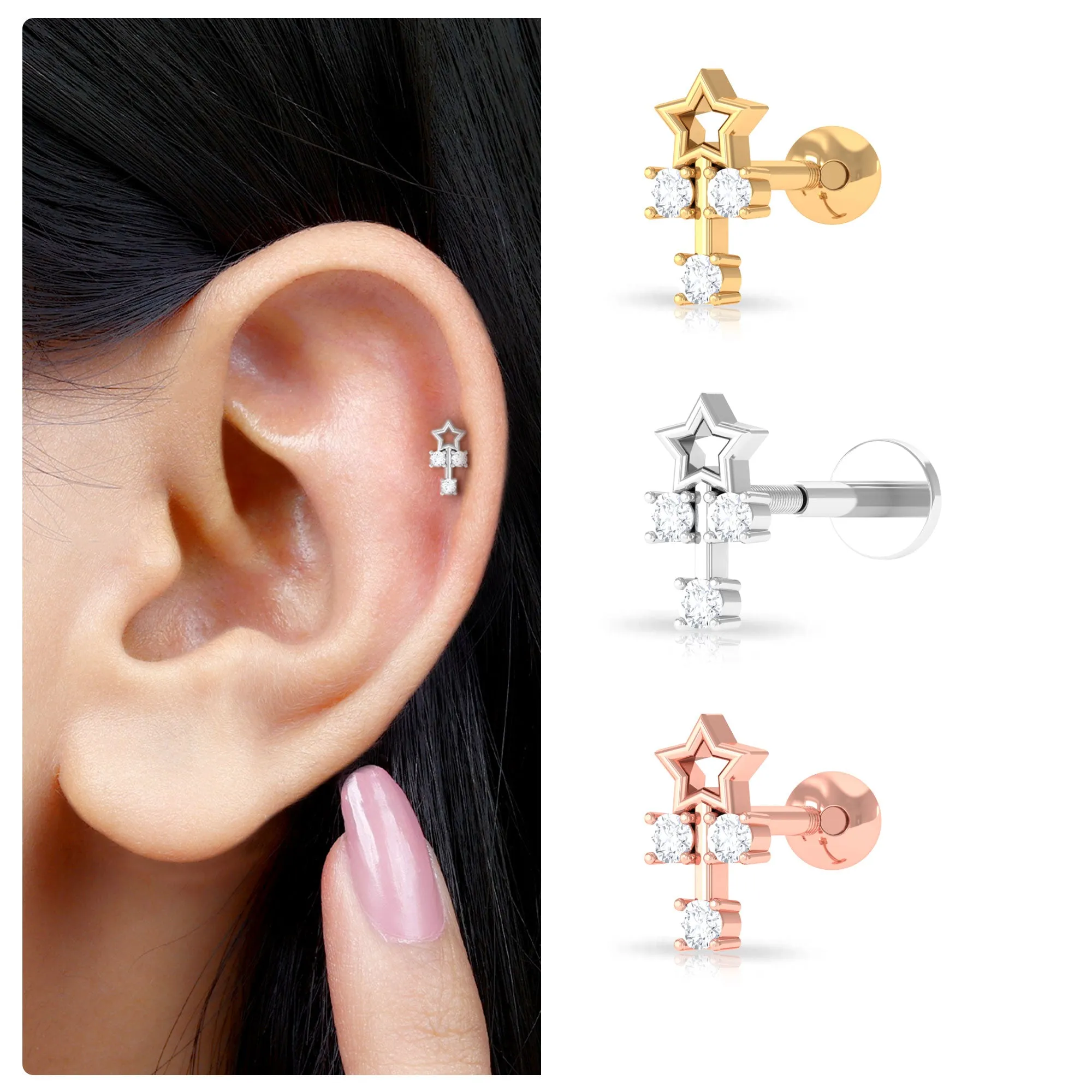 Real Round Diamond Star Tragus Earring