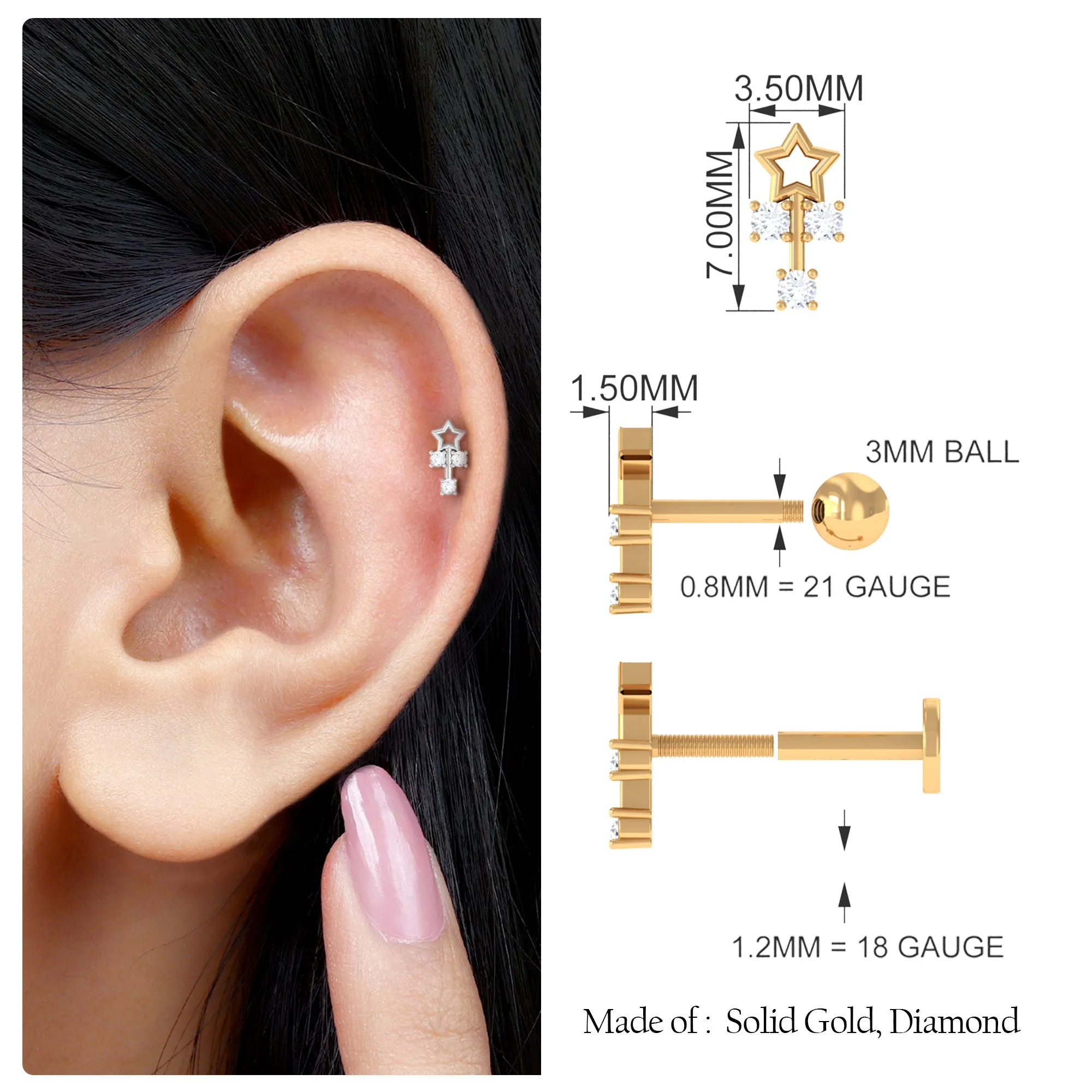Real Round Diamond Star Tragus Earring