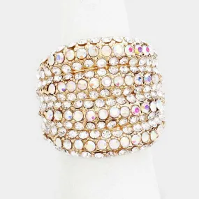 Rhinestone Abalone Pave Multi Row Gold Stretch Ring