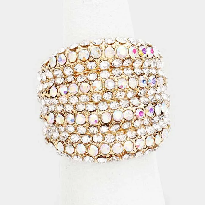 Rhinestone Abalone Pave Multi Row Gold Stretch Ring