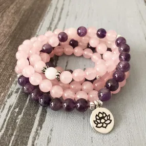 Rose Quartz Amethyst Mala 108 Beads Bracelet - Lotus / Buddha / Om