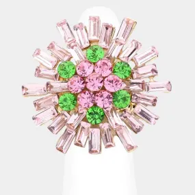 Round Rectangle Pink & Green Stone Cluster Gold Stretch Ring