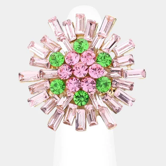 Round Rectangle Pink & Green Stone Cluster Gold Stretch Ring