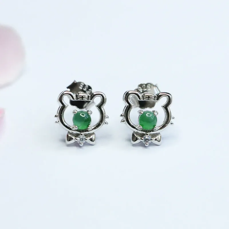 S925 Sterling Silver Ice Emperor Green Jade Little Tiger Stud Earrings