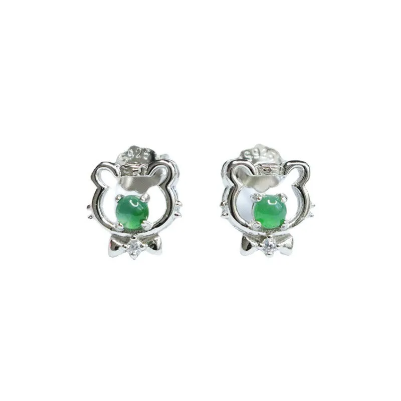 S925 Sterling Silver Ice Emperor Green Jade Little Tiger Stud Earrings