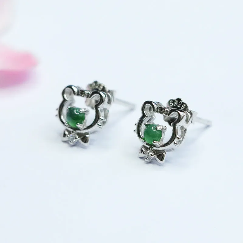 S925 Sterling Silver Ice Emperor Green Jade Little Tiger Stud Earrings