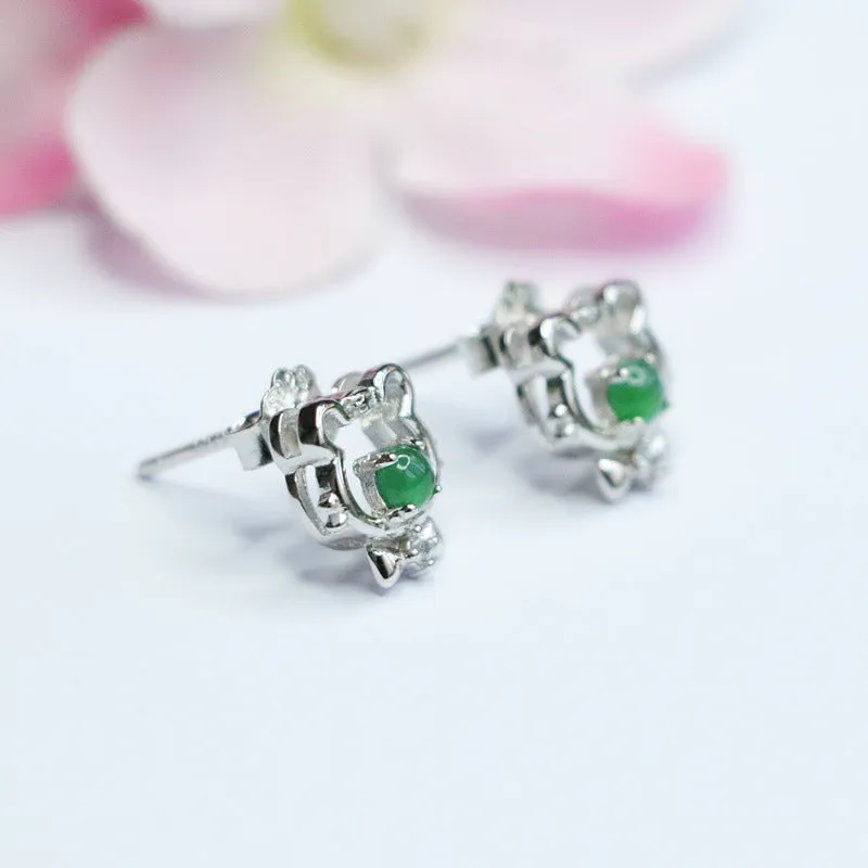 S925 Sterling Silver Ice Emperor Green Jade Little Tiger Stud Earrings
