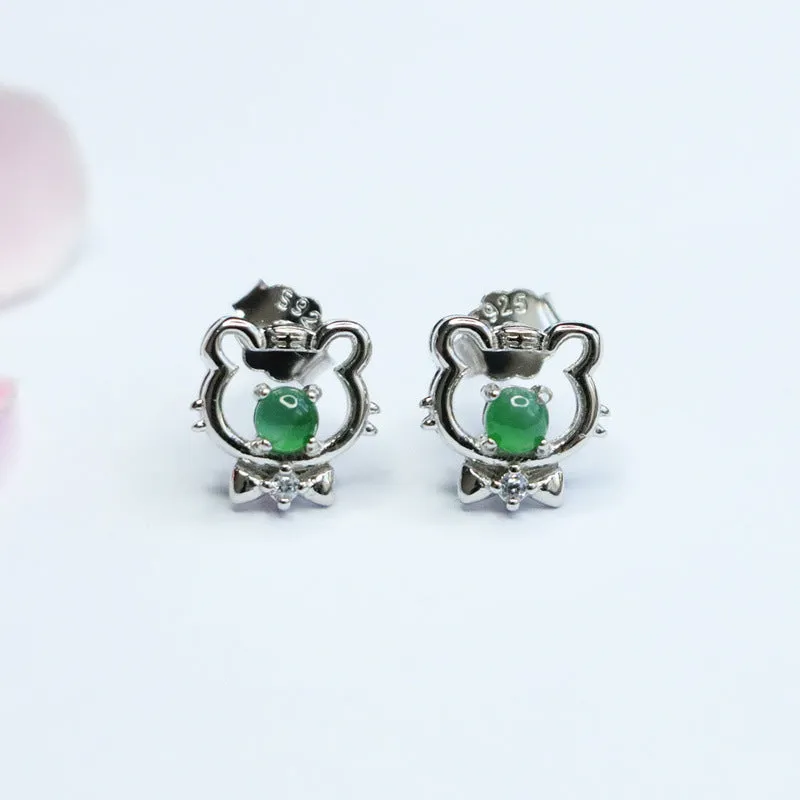 S925 Sterling Silver Ice Emperor Green Jade Little Tiger Stud Earrings