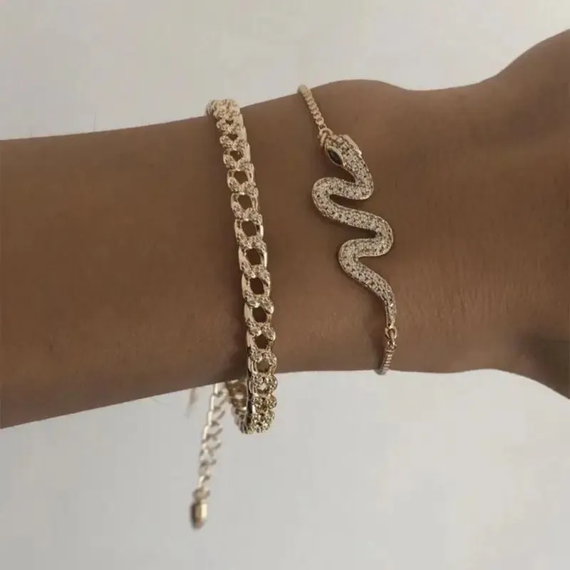 Snake-Shaped Bracelet with Alloy Inlay & Electroplated Finish