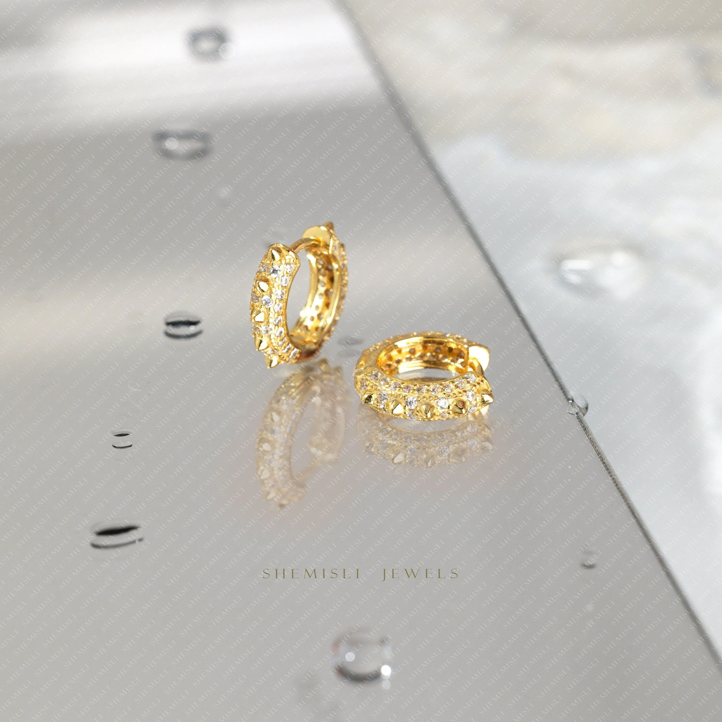 Spike CZ Hoop Earrings, Huggies, Gold, Silver SHEMISLI SH261