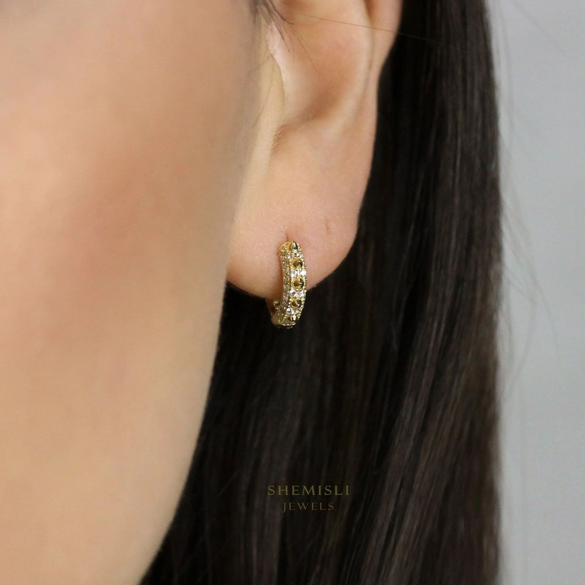 Spike CZ Hoop Earrings, Huggies, Gold, Silver SHEMISLI SH261