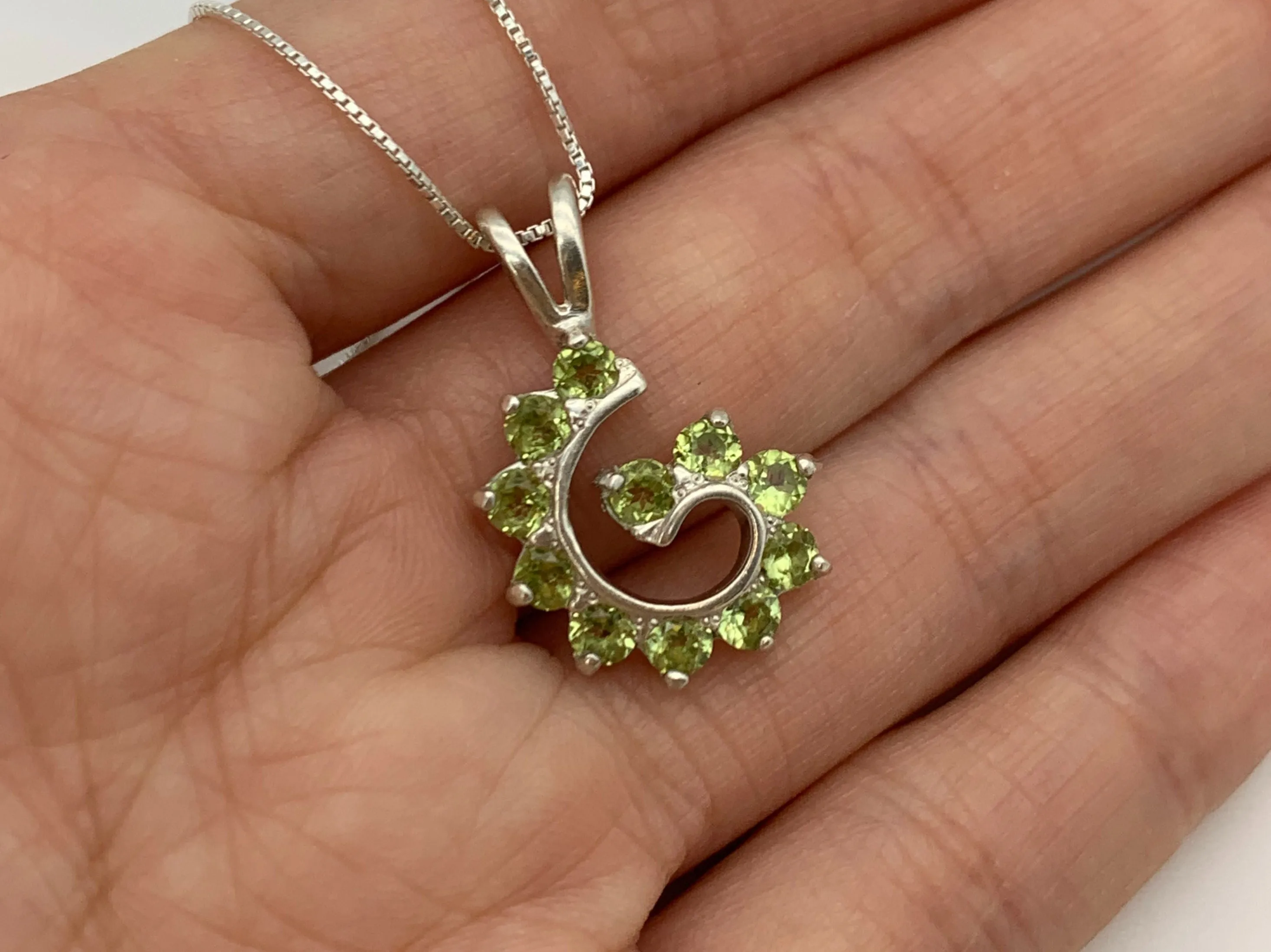 Spiral Peridot Pendant - Green Swirl Necklace, August Birthstone Necklace