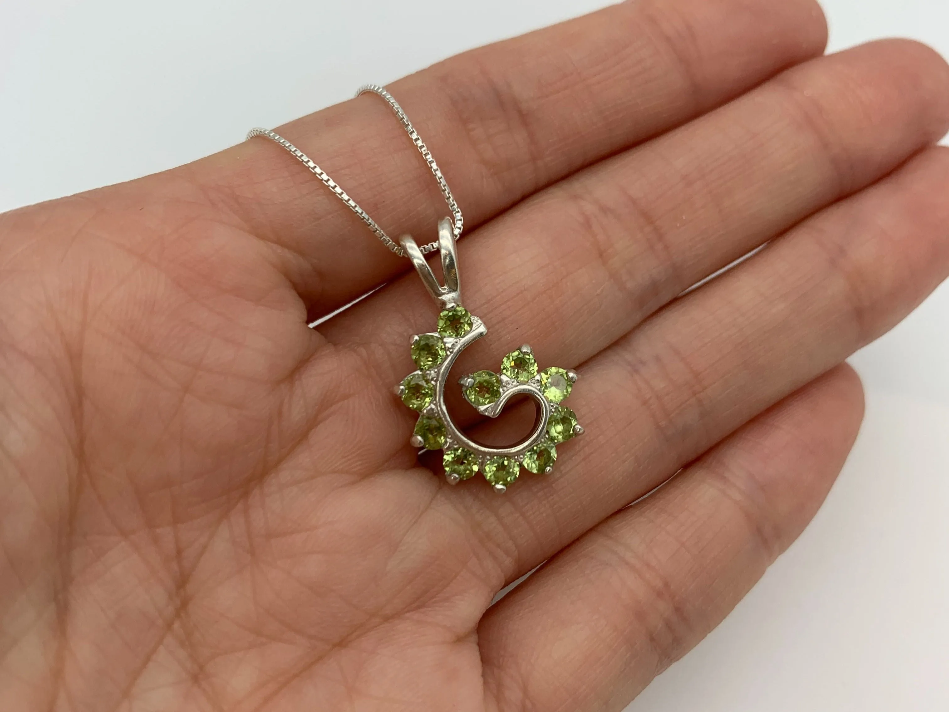 Spiral Peridot Pendant - Green Swirl Necklace, August Birthstone Necklace