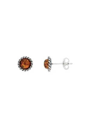 Sterling Silver Amber Rope Edge Round Stud Earrings