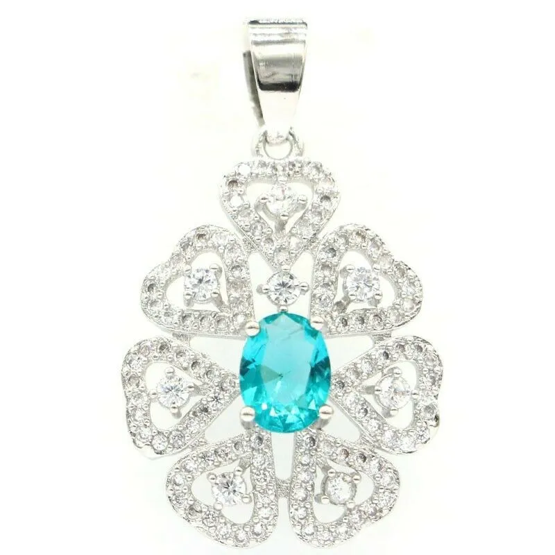 Sterling Silver Blue Aquamarine Zircon Pendant Necklace 18"