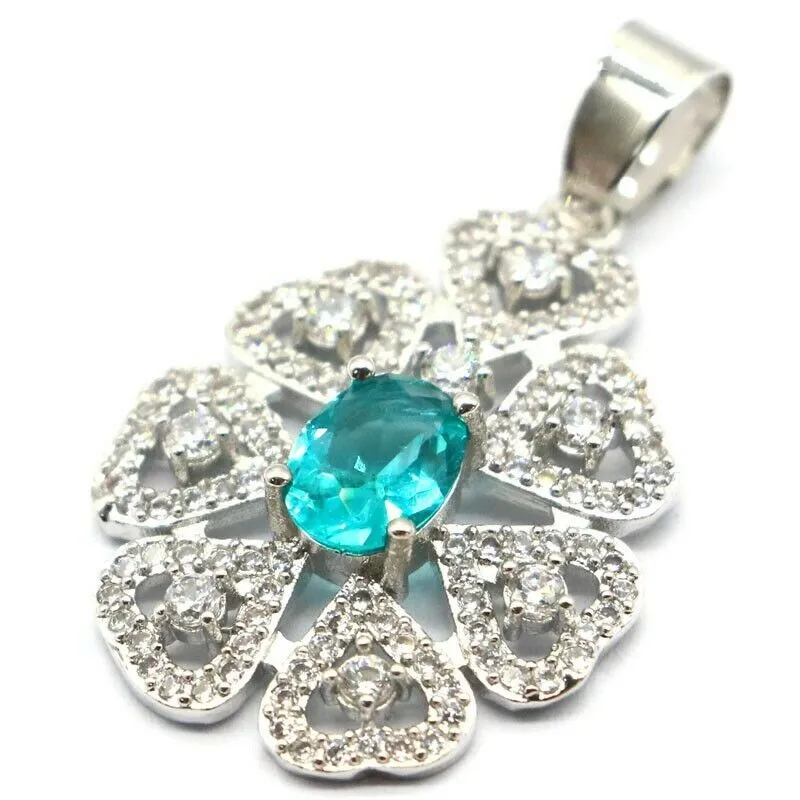 Sterling Silver Blue Aquamarine Zircon Pendant Necklace 18"