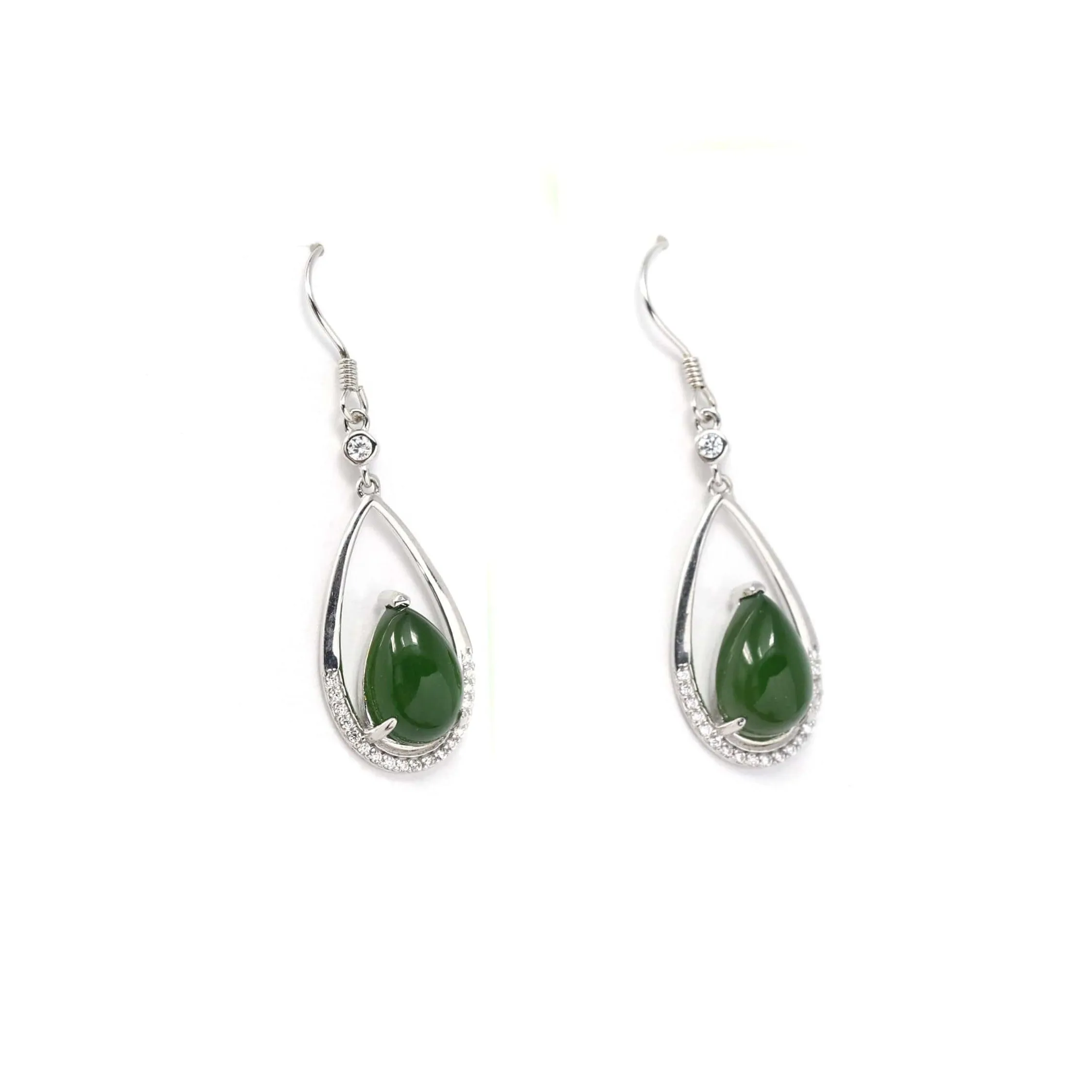 Sterling Silver Genuine Nephrite Green Jade Teardrop Dangle Earrings