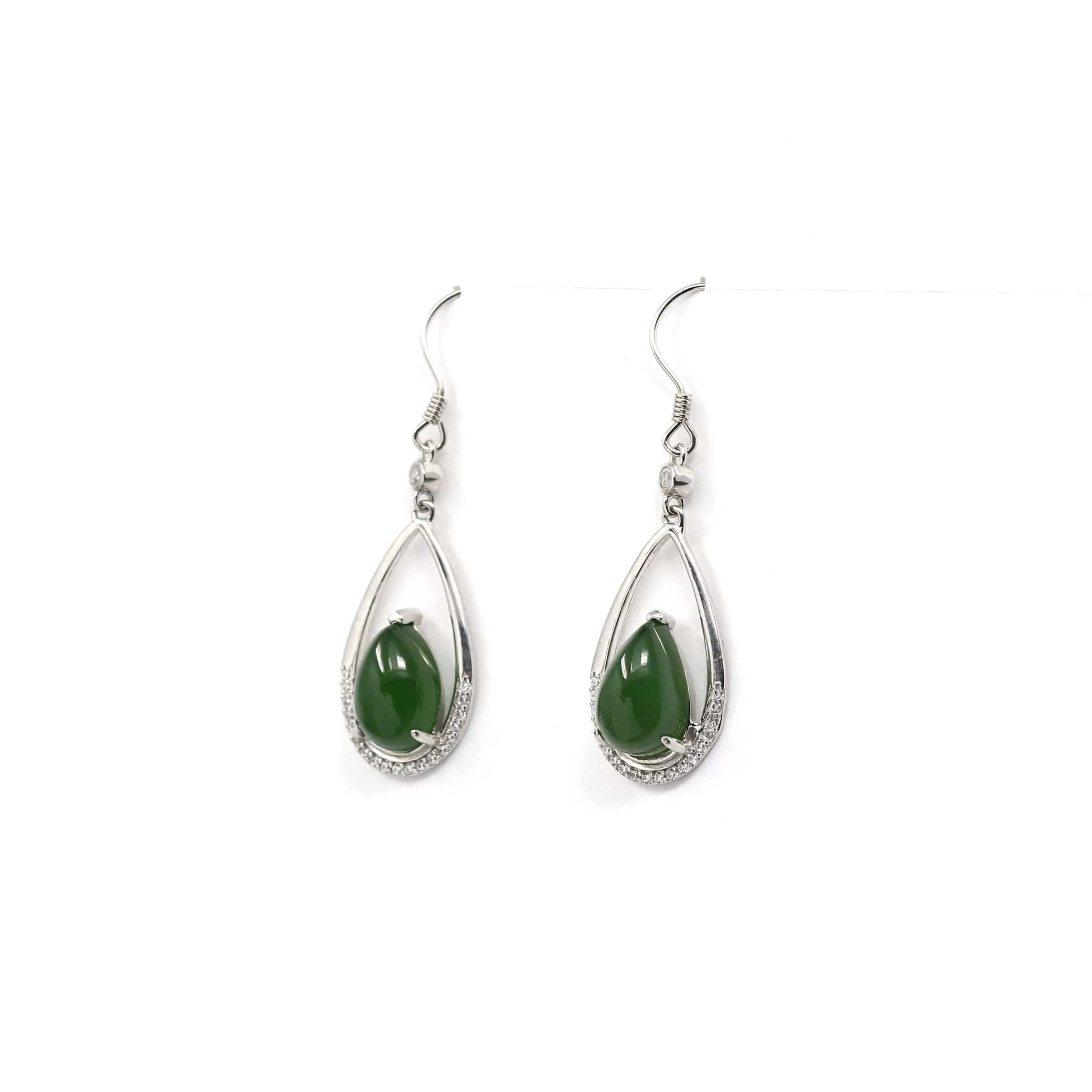 Sterling Silver Genuine Nephrite Green Jade Teardrop Dangle Earrings