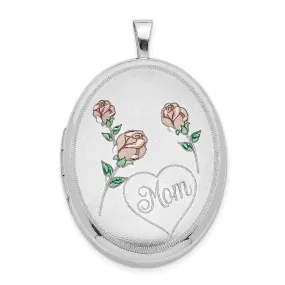 Sterling Silver RH 26mm Brushed/Polished Enameled Roses Mom Oval Locket