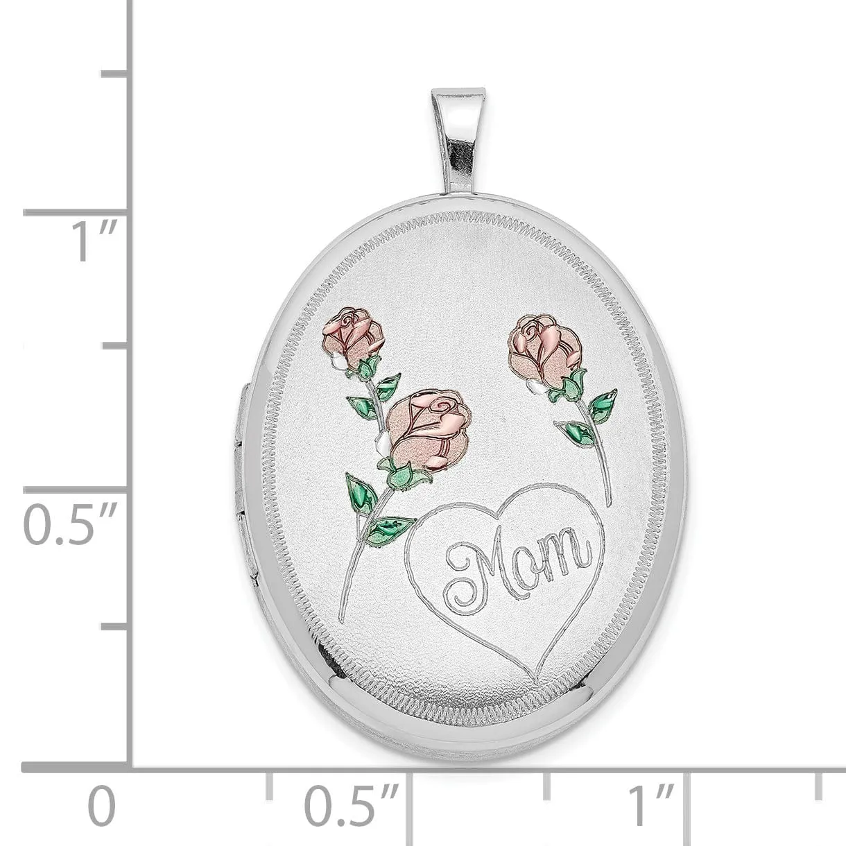 Sterling Silver RH 26mm Brushed/Polished Enameled Roses Mom Oval Locket