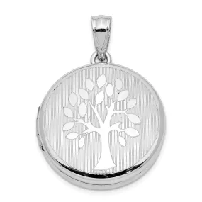 Sterling Silver Rhodium-plated 20mm Grooved and Polished Tree Round Locket