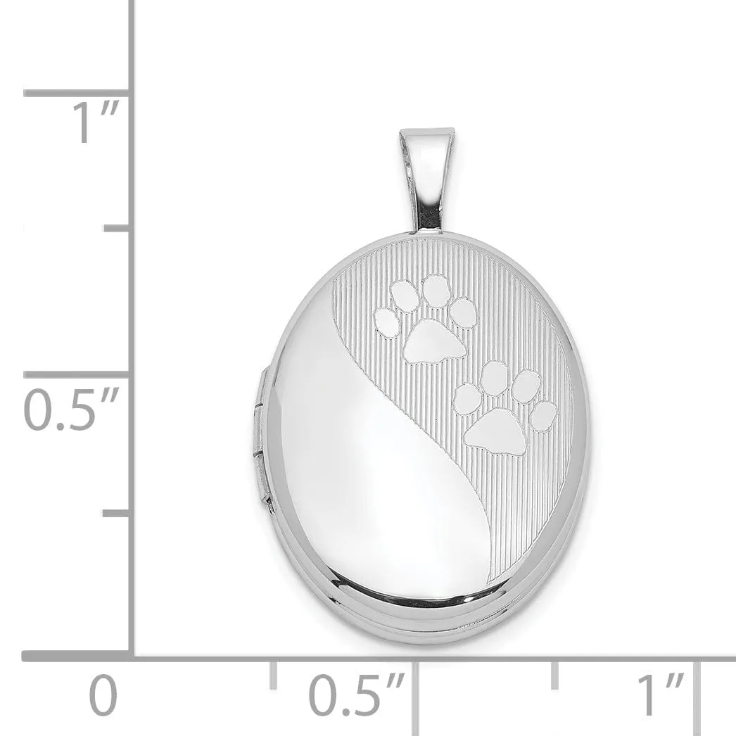 Sterling Silver Rhodium-plated Oval Satin and Polished Paw Prints Locket