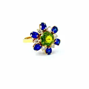 Stunning 10K Gold Multicolor Peridot Sapphire Diamond Cocktail Ring - Size 6